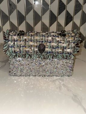 Kurt Geiger Tweed Kensington X Bag Sequin Pearl Fringe Shoulder Bag NWT!
